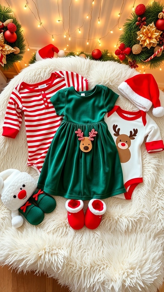 A variety of cute baby Christmas outfits including onesies, dresses, and accessories on a cozy blanket with holiday decorations.